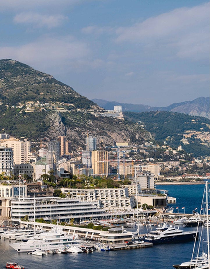 View of Monaco Harbour and the coast with The Maybourne Riviera in the background.