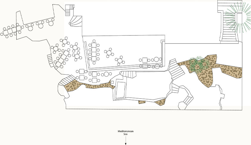 Floor plan of La Plage with various seating arrangements, adjacent rooms, staircases, and garden areas, with an annotation indicating the Mediterranean Sea to the south.