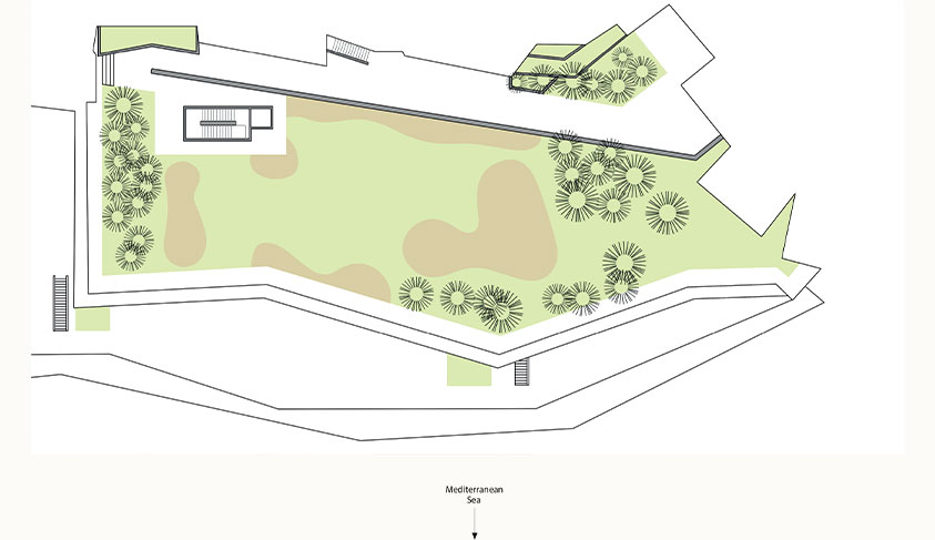 This floor plan shows a landscaped area with various plantings, open green spaces, and pathways. The layout is oriented with the Mediterranean Sea to the south.